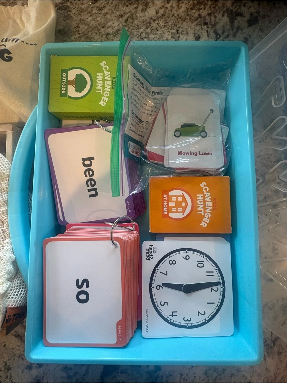 Reading materials, sight words, spelling, home learning scavenger hunt cards